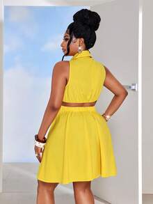 Maweii Women's Sleeveless Waist Cinched Collared Metal Decor Short Plus Size Dress, Suitable For Party, Casual, And Vacation Wear - Yellow - View 4