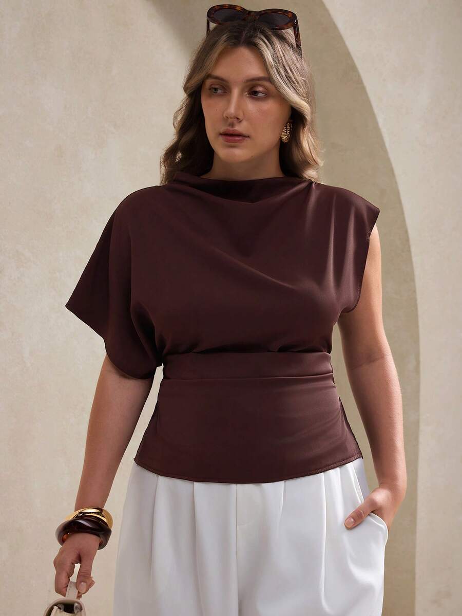 Elegantrix Mock Neck Short Sleeve Top With Fitted Waist Design For Casual Everyday Wear - Brown - View 1