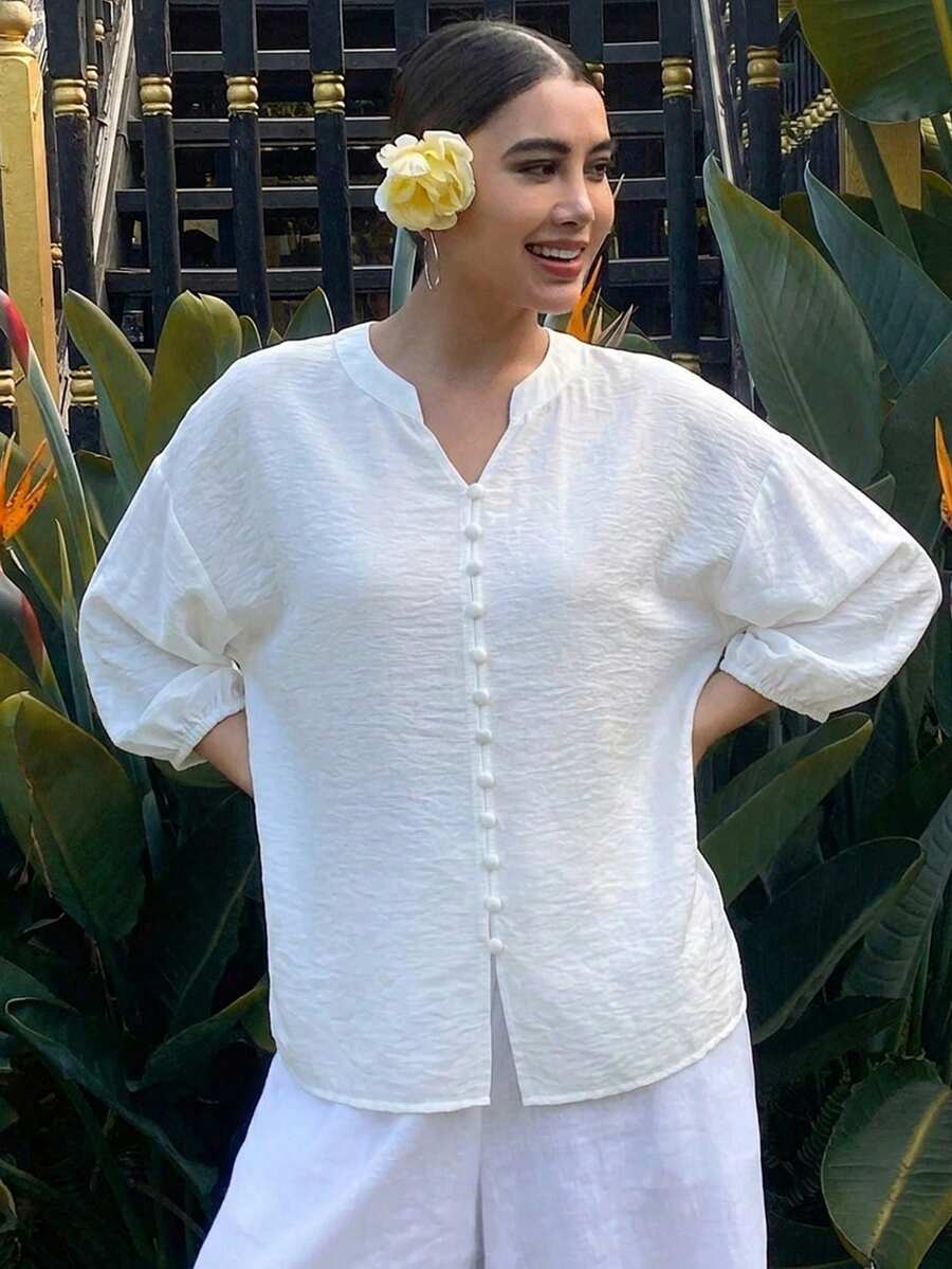 DAZY Solid Color Loose Long Sleeve Round Neck Women's Blouse - White - View 1