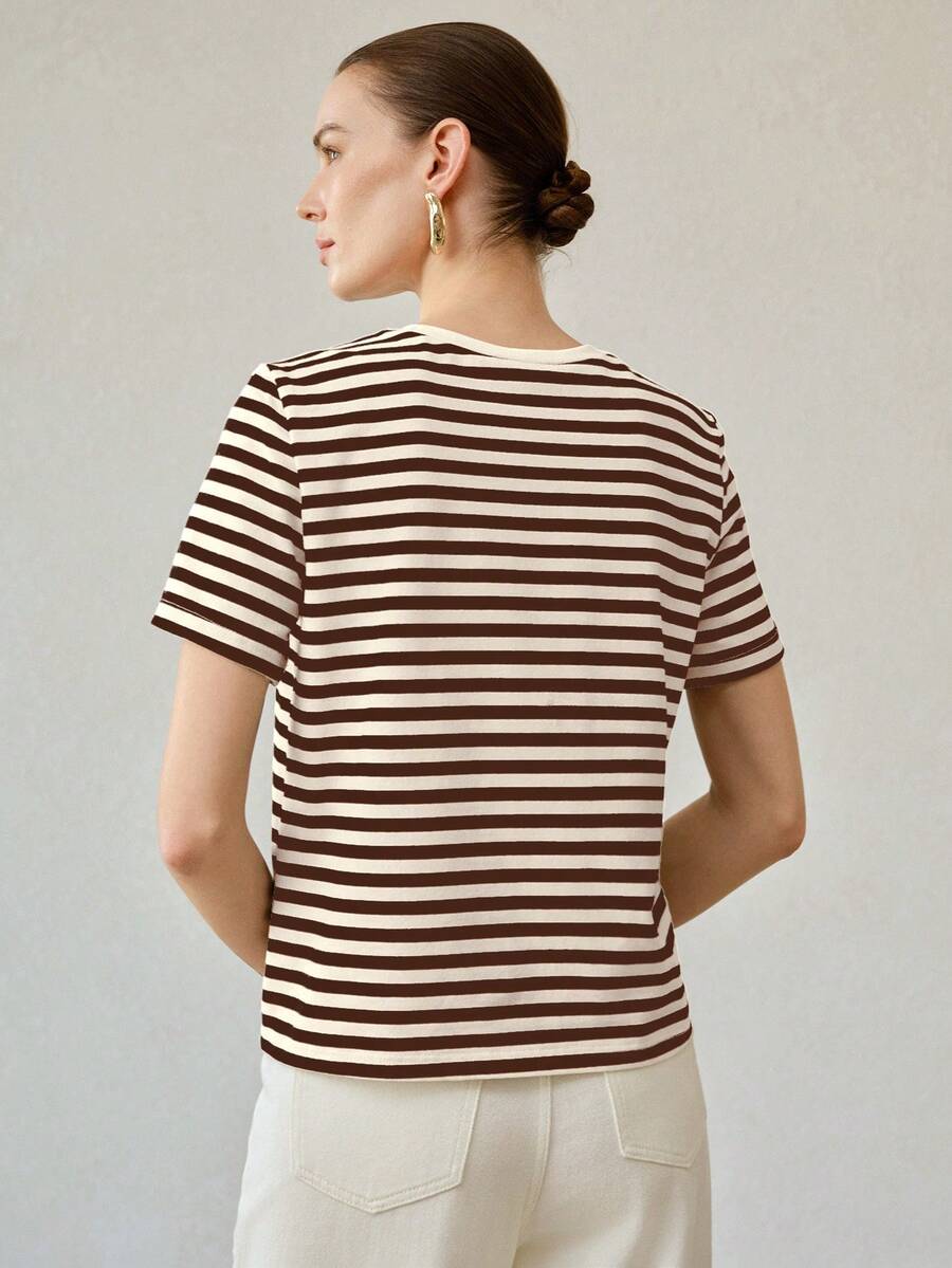 MOTF PREMIUM WOMEN'S SUMMER ALL-MATCH ROUND NECK SHORT SLEEVE T-SHIRT, COLOR BLOCK CASUAL VERSATILE STRIPED TOP - Brown - View 2