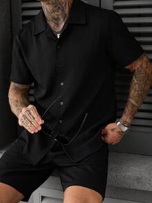 SLATEMANN Men's Solid Color Single-Breasted Short Sleeve Shirt And Shorts Casual Daily Set - Black - View 5