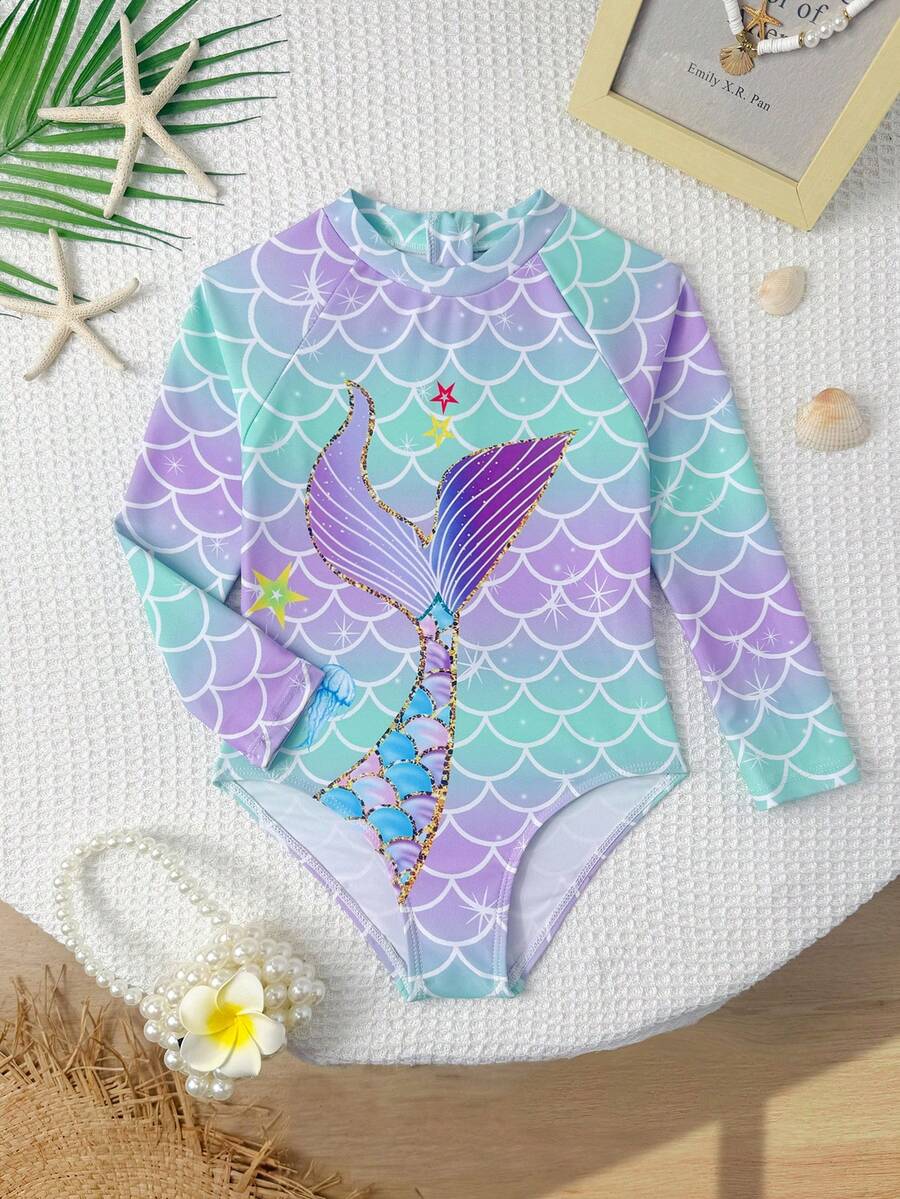 SHEIN 1件女孩一件式泳衣,彩色魚鱗魚尾圖案印花,彈性快乾舒適針織面料,適用於海灘、泳池、海邊、衝浪、度假、夏季、旅行、節日的泳衣 - 紫色 - 查看 1