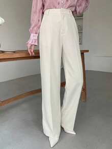 DAZY Spring Summer Autumn High Waist Straight Leg Wide Leg Beige Solid Color Woven Loose Fit Women's Long Pants - Beige - View 4