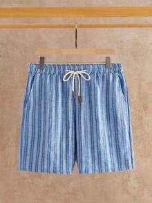 HIMLAND Men's Vertical Stripe Button-Up, White & Light Blue. Relaxed Fit, Short Sleeves & Open Collar. Lightweight Cotton Blend, Soft & Airy. Effortless Vacat - Blue - View 2