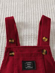 SHEIN Playful Pals 男嬰 0-3 歲 春/秋款 酒紅色字母刺繡裝飾燈芯絨嬰兒連身褲 休閒可愛趣味 生日派對俱樂部 - 酒紅色 - 查看 4