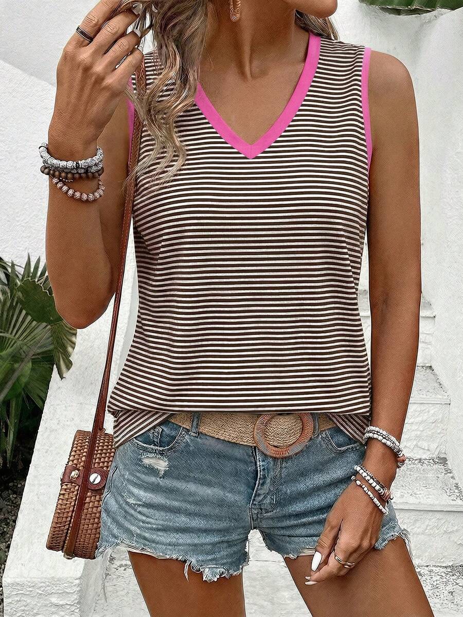 EMERY ROSE Women's V-Neck Striped Colorblock Casual Versatile Daily Outing Top - Multicolor - View 1