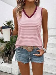 EMERY ROSE Top de tirantes casual y versátil para mujer, primavera/verano, nuevo, con cuello en V, estampado de rayas y diseño de bloques de color - Multicolor - Ver 5