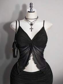 SHEIN ICON Conjunto casual diario de top de tirantes plisado y falda de unicolor para mujer talla grande - Negro - Ver 5