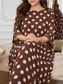 Al Najma Plus Size Women's Chiffon Flowy Round Neck 3/4 Sleeve Polka Dot Comfortable Elegant Romantic Arabian Dress - Coffee Brown - View 6