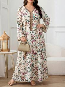 Al Najma 大尺碼女款V領綠色花卉印花休閒希賈布端莊派對杜拜度假婚禮阿拉伯長裙 - 彩色 - 查看 4