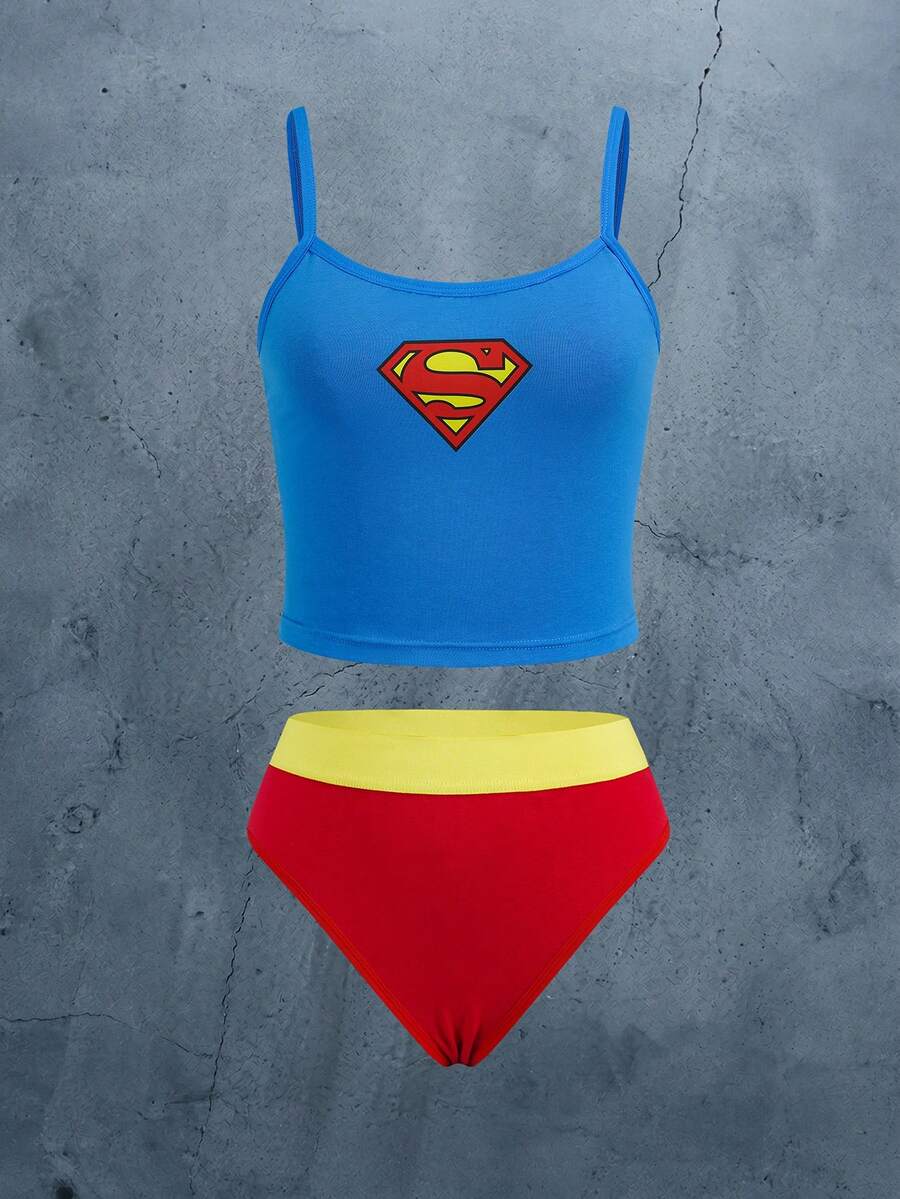 SUPERMAN X SHEIN Women's Geometric Print Camisole Tank Top Lingerie Set - Blue - View 1