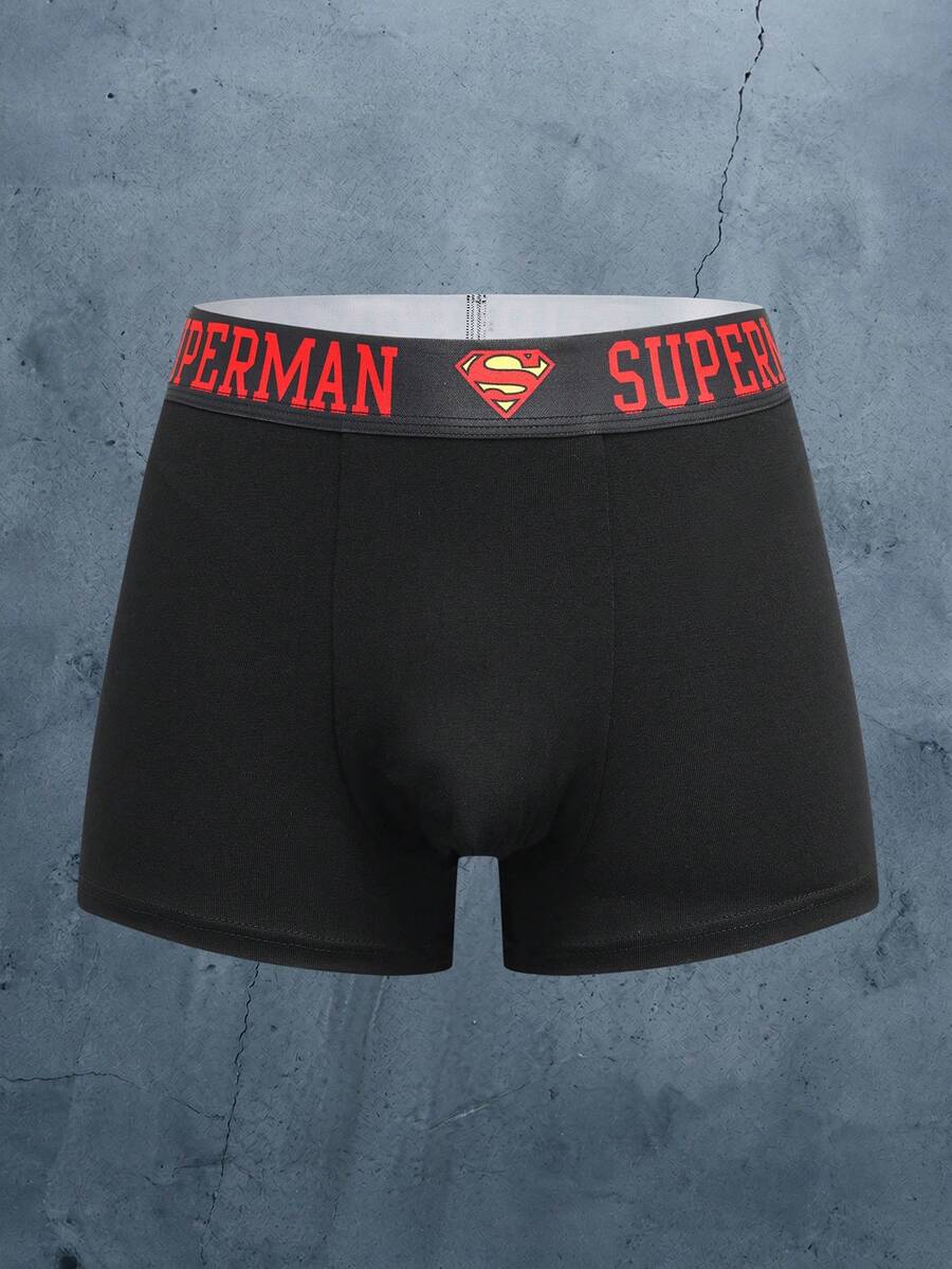 SUPERMAN X SHEIN 男士字母印花休閒日常四角內褲 - 黑色 - 查看 1