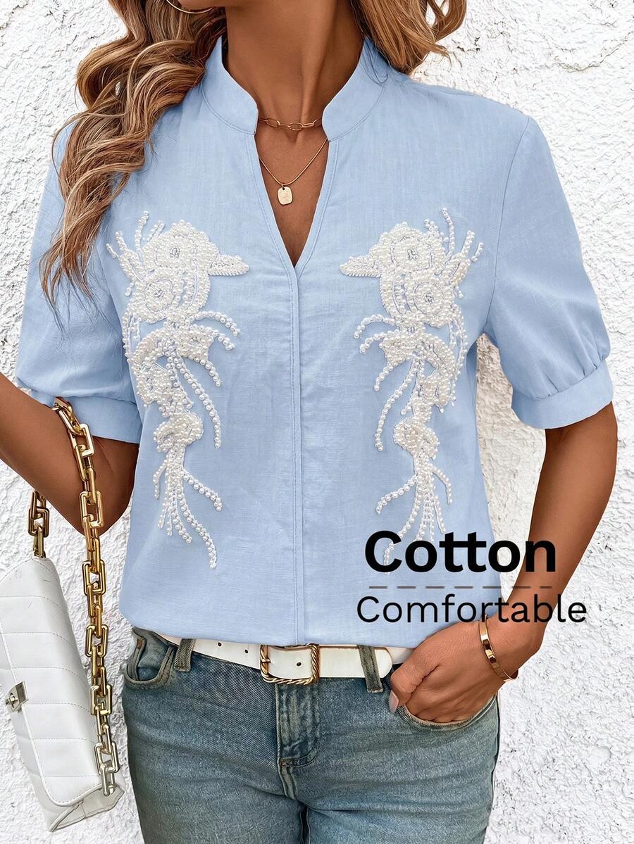 SHEIN Clasi Women's Vacation Casual Beaded Decor Shirt - Baby Blue - View 1