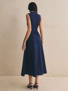 Poéselle Women's Solid Color Zipper Design Sleeveless Elegant Long Dress Office Tea Party Dinner Date Navy Blue Summer Teachers' Day - Navy Blue - View 3