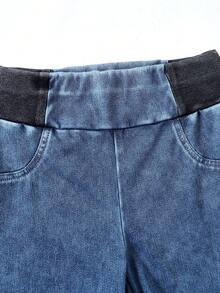 SHEIN 可愛百搭腰部設計彈性腰舒適彈力牛仔褲，適合女孩日常休閒、舞蹈、學校、校園、運動、公園跑步跳躍、瑜珈彈力內搭褲 - 中等水洗藍 - 查看 8