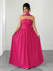Elenzga Vestido largo de mujer de verano con bufanda de malla, pliegues en el pecho, dobladillo extra largo hasta el suelo, elegante, de moda y romántico - Rosa Fucsia - Ver 5