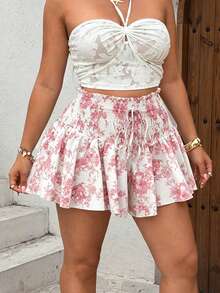Sunnyshic Plus Size French Vintage Print Shorts, Shirred, Lace-Up, Ruffle, Elastic Waist Concealing Shorts, Blue Porcelain White Ruched Ruffle Mini Pants, High Waist Patchwork Shirred Pants, Suitable For Summer Vacation And Beach Trips, Travel Photography, Dates - Multicolor - View 6