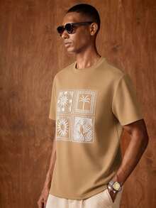 AKNOTIC Business Casual 男士夏季休閒度假刺繡短袖寬鬆版型T恤 - 卡其色 - 查看 6