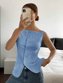 Siren Gaze Women's Geometric Textured Single-Breasted Casual Vest - Blue - View 5