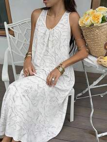 Livesso Vacation Holiday Outfit Summer V-Neck Sleeveless Backless Tie-Dye Texture Loose White Women's Dress Beach Boho - White - View 5