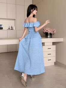 Feyla Women's 3D Flower Decor Off-Shoulder Elegant Romantic Midi Dress Tea Party Baby Blue Summer - Baby Blue - View 4