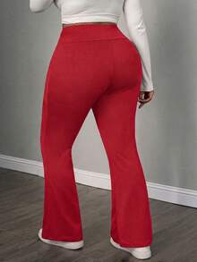 SHEIN PETITE CURVE 大尺碼女款秋冬開學季休閒居家瑜伽舒適戶外純黑色針織彈性腰高腰口袋喇叭褲，附口袋內搭褲 - 紅色 - 查看 2