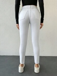 SHEIN Cottnline بنطلون جينز ضيق عادي بلون سادة وتفاصيل متقطعة - أبيض - مشاهدة 2