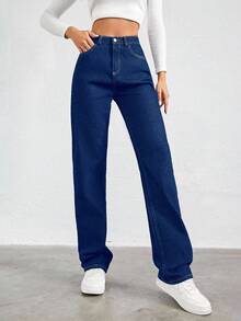 EURMUSE Jeans de pierna recta con bolsillos inclinados 100% de algodón - Azul Marino - Ver 5