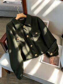 EMERY ROSE Casual Solid Color Cropped Jacket, Versatile For Commuting, Autumn Green Jacket Crop Jacket - Army Green - View 8