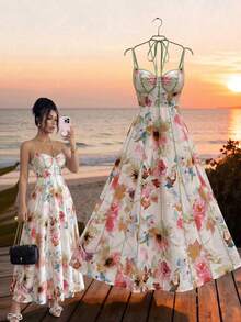 Modelyn Đầm xòe ôm sát in họa tiết, dây mảnh, hở lưng, thời trang xuân hè. - Nhiều màu - Xem 12