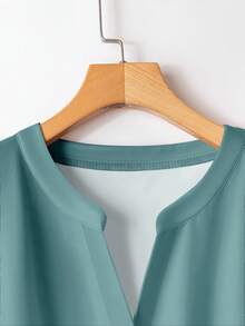 Casual Solid Color Notched Neck Roll-Up Sleeve Top And Elastic Waist Pants Set,Cozy Fall Winter Clothes For Women New Year Elegant Blouse Shirt Sets - Green - View 5