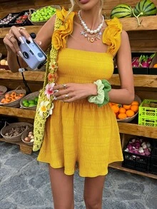 Selianne 萊姆綠荷葉邊肩帶平口短版連身褲 紋理面料 休閒度假 春夏 標準尺寸 短版連身褲 - 黃色 - 查看 6