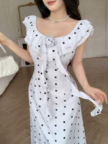 Celisse Polka Dot Ruffle Collar 3D Flower French Elegant Romantic Women's Long Dress Vacation White And Black Summer - White - View 3