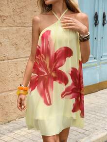 Flora Isola Flora Isola Women's Yellow Base Large Red Floral Print Halter Neck Cold Shoulder Dress, Loose Flowy Sleeveless Beach Dress - Yellow - View 7