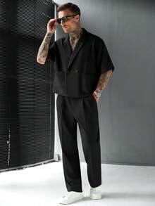 SLATEMANN 男士舒適純色短袖襯衫，簡約大翻領配2顆鈕扣，適合正式或休閒場合、休閒度假、聚會、簡約辦公、休閒居家穿著，百搭風格，適合自用或送禮給朋友，熱銷舒適面料襯衫 - 黑色 - 查看 3