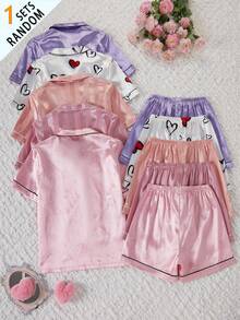 Pijamas para niñas y jóvenes, caja sorpresa, incluye 1 conjunto rosa con bolsillo bordado en jacquard, 1 conjunto naranja con bolsillo bordado, 1 conjunto rosa con estampado de corazón, 1 conjunto morado con estampado de corazón, 1 conjunto blanco con estampado de corazón, 5 conjuntos enviados al azar, 1 conjunto, conjunto de ropa de estar por casa cómodo y suave de satén con solapa, cárdigan de manga corta y pantalones cortos, adecuado para uso en el hogar y en interiores en verano, 1 conjunto al azar de 5 conjuntos de pijama - Multicolor - Ver 2