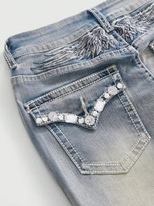 ROMWE Goth Women's Casual Versatile Daily Flare Jeans With Pocket, Button And Rhinestone - Baby Blue - View 3