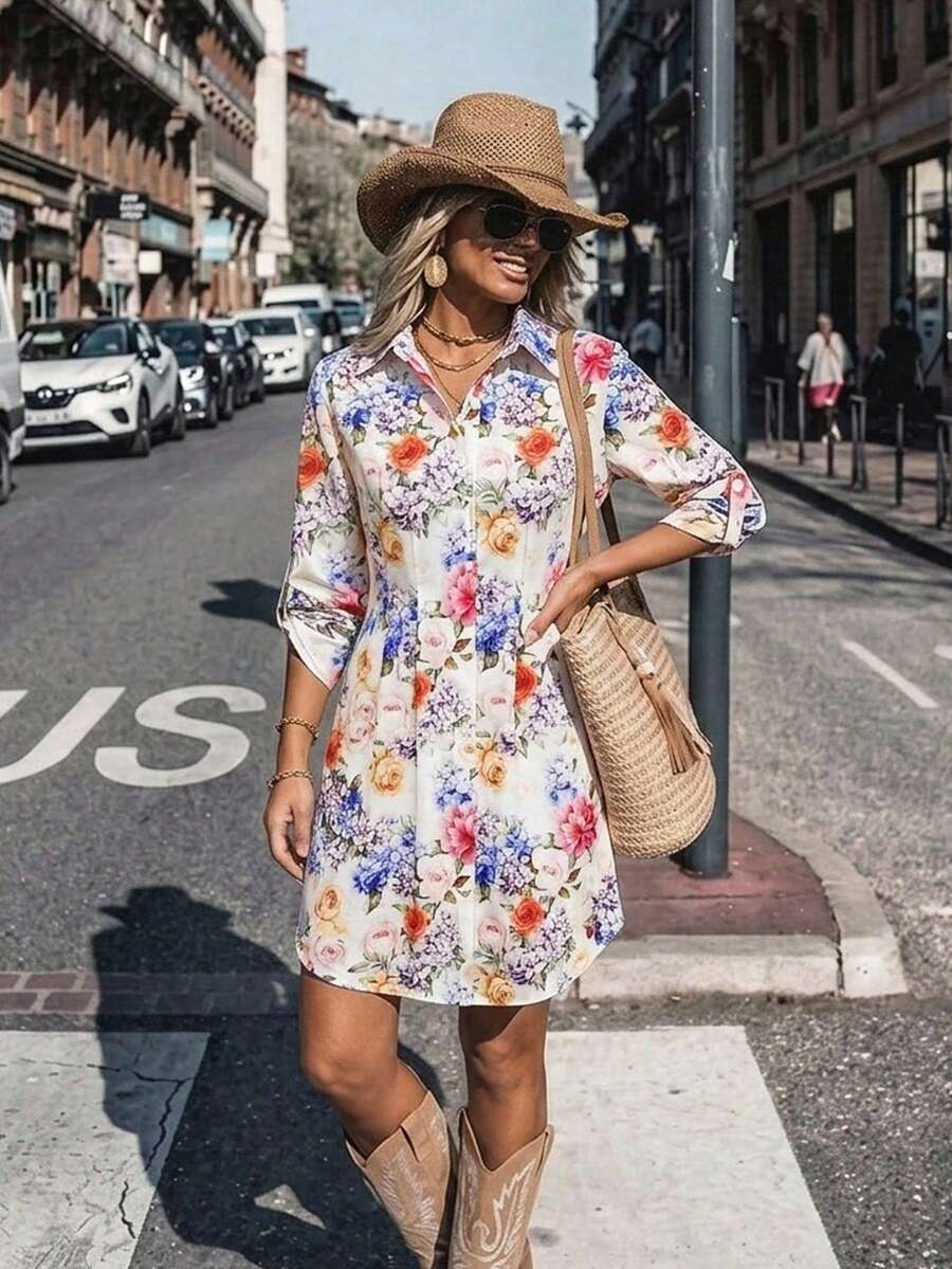 SHEIN Clasi 女款優雅單排扣花卉印花洋裝