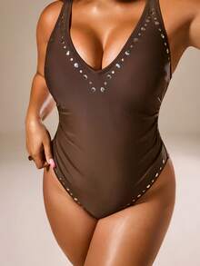 Auralis Costume da bagno intero casual alla moda con design a rivetti per donna taglie forti - Castano - Visualizzare 3