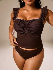 Auralis Damen-Tankini-Badeanzug-Set in Plus Size für Strand, Cocktail und Urlaub, mit Bindung vorne und Raffung, elegant, dezent und sexy, Sommer, Braun - Braun - Übersicht 8