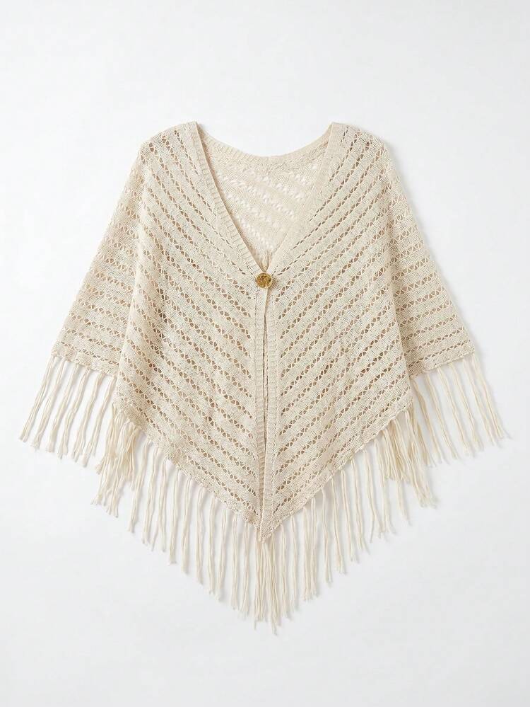 SHEIN Holidaya New Summer Tops, Beach, Women's Ivory Openwork Knit Poncho Cover-Up – V-Neck Triangle Silhouette, Single Button Closure, Fringe Hem Detail, Boho Charm & Coastal Beach Style - Apricot - View 5