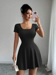 Elenzga Women's Summer Casual Solid Color Waist-Defining Dress - Black - View 1
