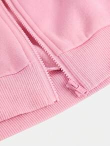 SHEIN 青少年女孩秋季兩件套長袖拉鍊連帽衫 + 寬腿運動褲休閒套裝，適合日常、街頭穿搭，休閒舒適 - 粉色 - 查看 7