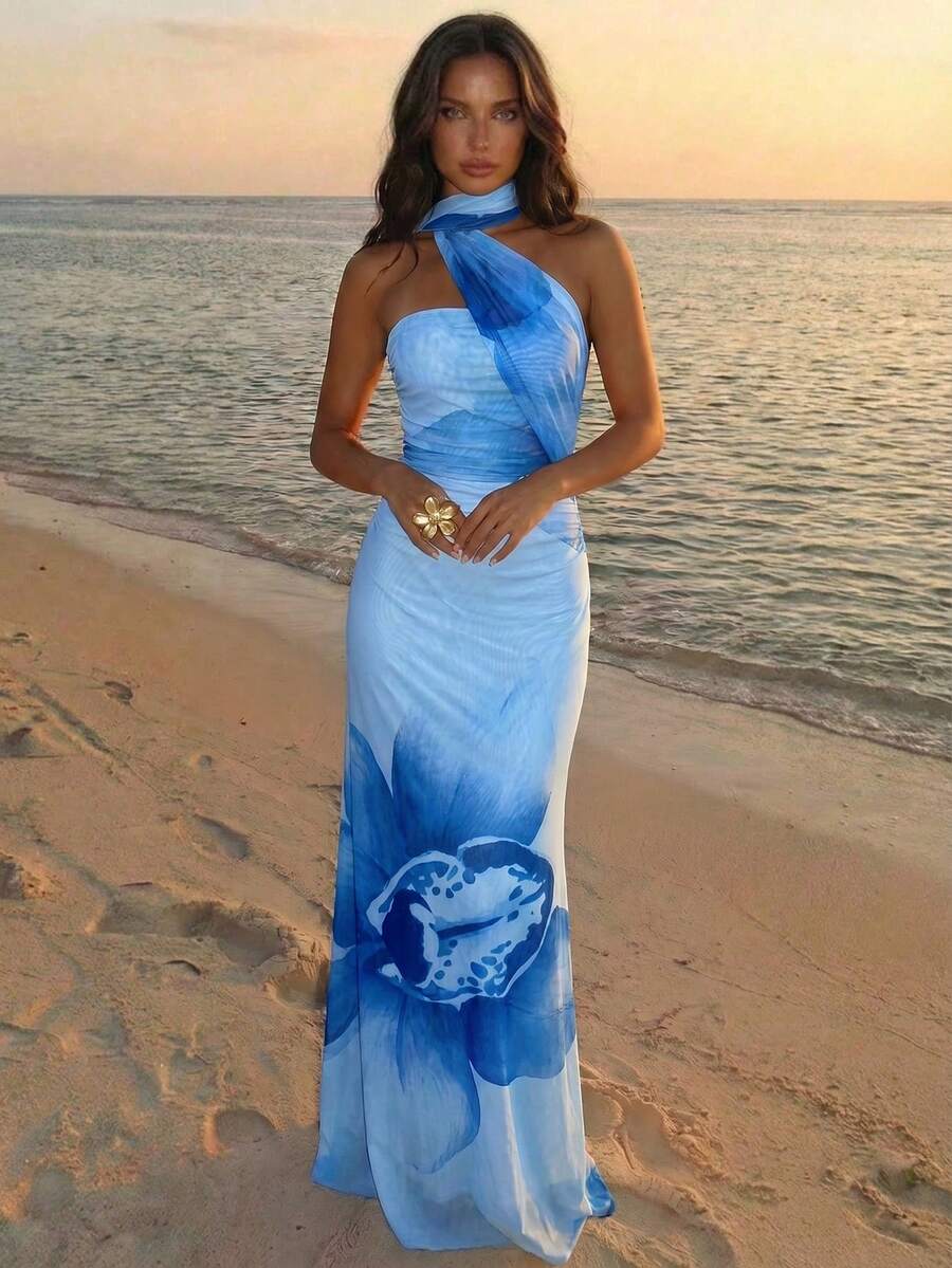 Aloruh Gaun Panjang Wanita Motif Bunga Berlipit Elegan untuk Pesta, Menonjolkan Pinggang, dengan Leher Halter - Baby Blue - View 1
