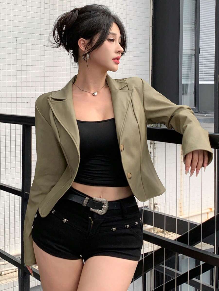 DAZY 秋季休閒街頭戶外收腰綠色PU皮革夾克西裝外套風格優雅辣妹音樂節女款外套 - 墨綠色 - 查看 1