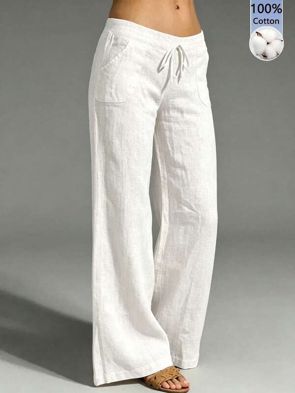 SHEIN Fiorisel Pantalon décontracté style français pour femmes, blanc, aspect lin texturé, fluide et doux, avec poches, printemps/été