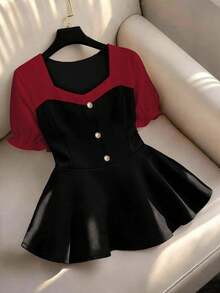 SHEIN LUNE CURVE 大尺碼女款拼接泡泡皺褶短袖襯衫 法式優雅淑女通勤日常穿搭 - 紅色 - 查看 7