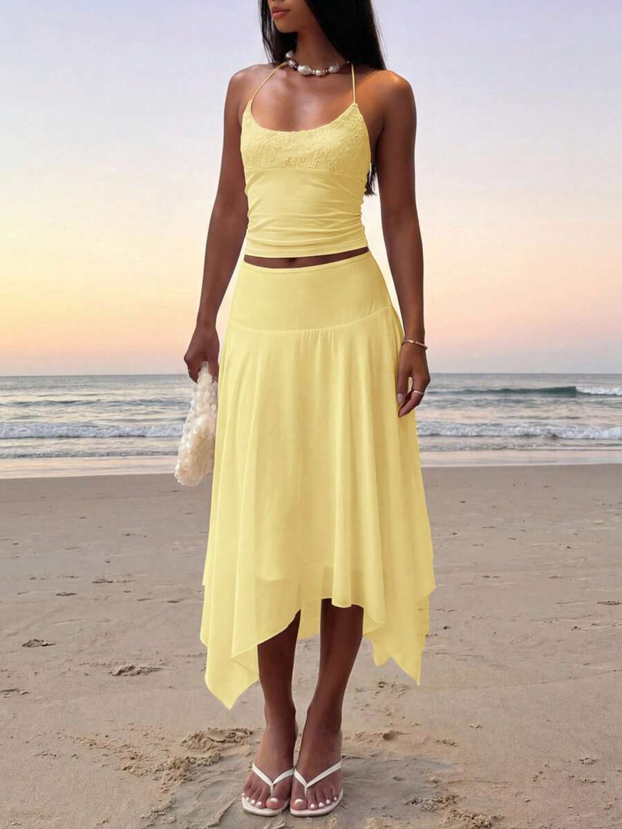 MainGRL Women's Solid Color Casual Versatile Date/Travel A-Line Skirt - Pale Yellow - View 1