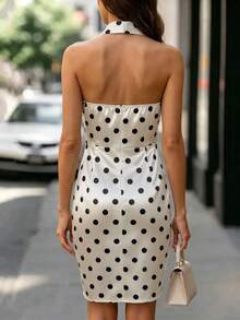 Selianne Design Tie Collar Polka Dot Dress, Sleeveless Halter Neck Waist-Defining Slimming Bodycon Skirt - Multicolor - View 2