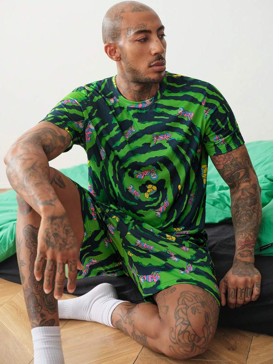 Rick and Morty X SHEIN Set da uomo con top a maniche corte girocollo colorblock con stampa cartoni animati e pantaloncini, casual per uso quotidiano e abbigliamento da casa - Verde - Visualizzare 1